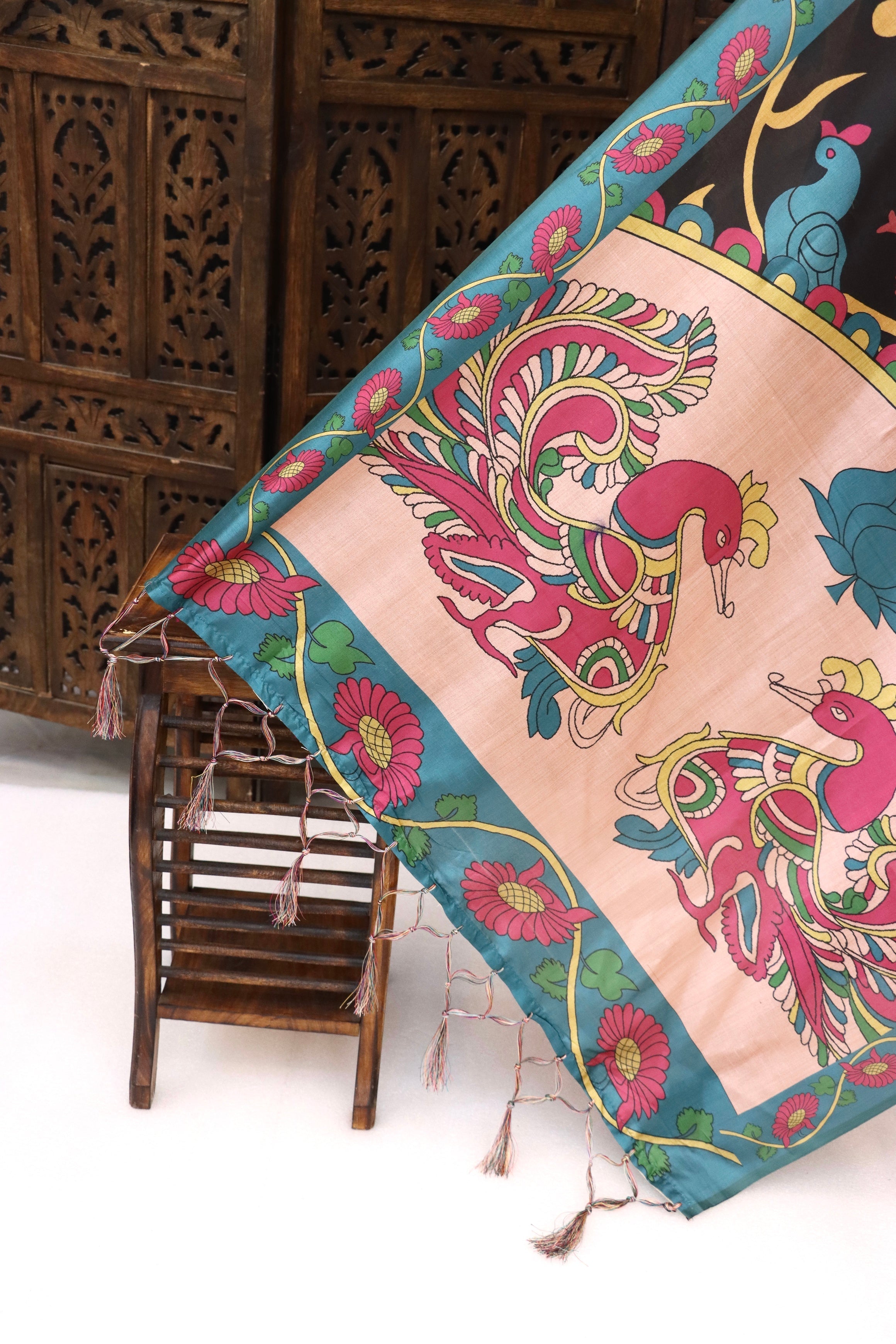 Black & Teal Malai Silk Dupatta with Peacock Motif & Floral Folk Print – Elegant Statement Ethnic Dupatta
