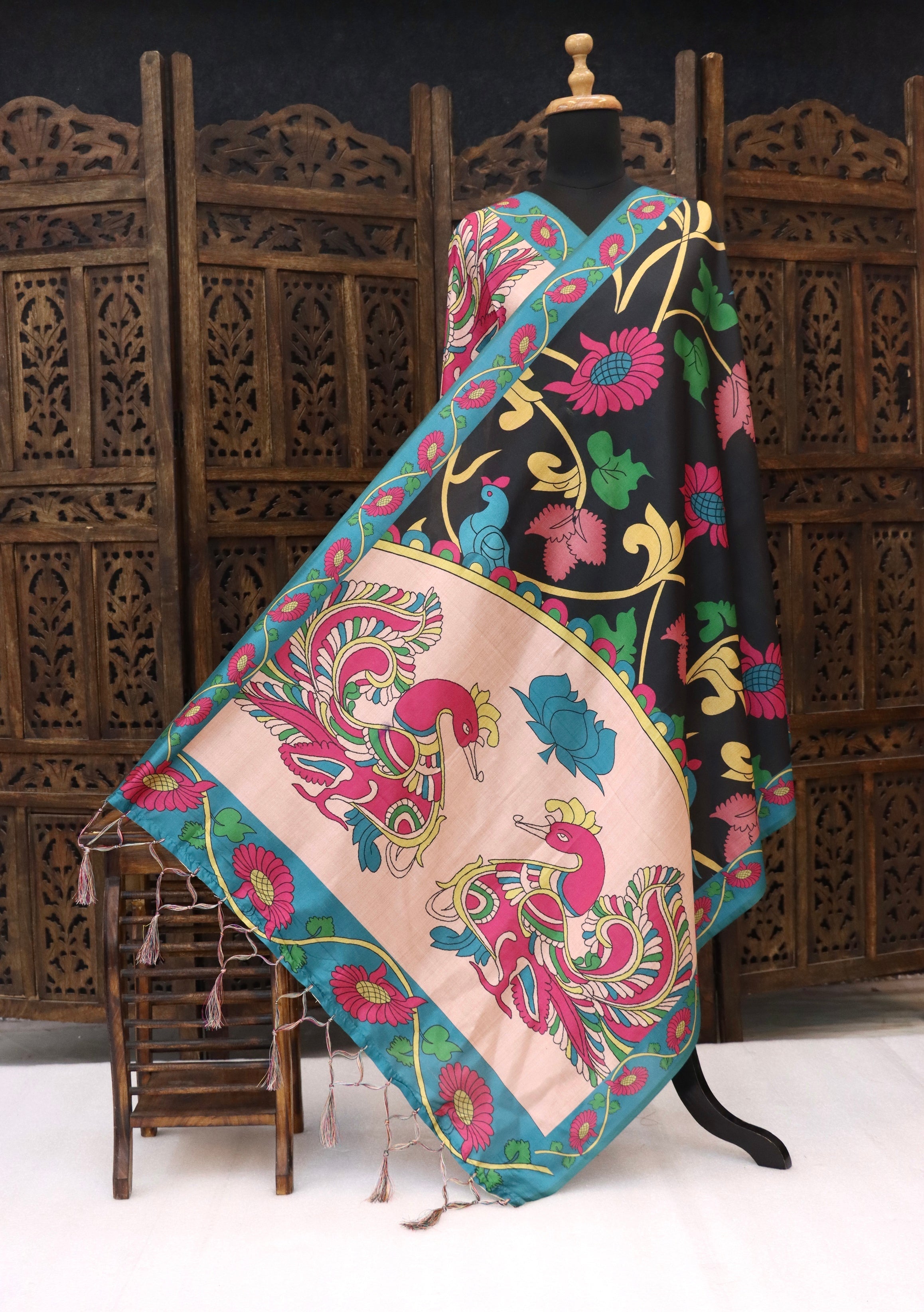 Black & Teal Malai Silk Dupatta with Peacock Motif & Floral Folk Print – Elegant Statement Ethnic Dupatta