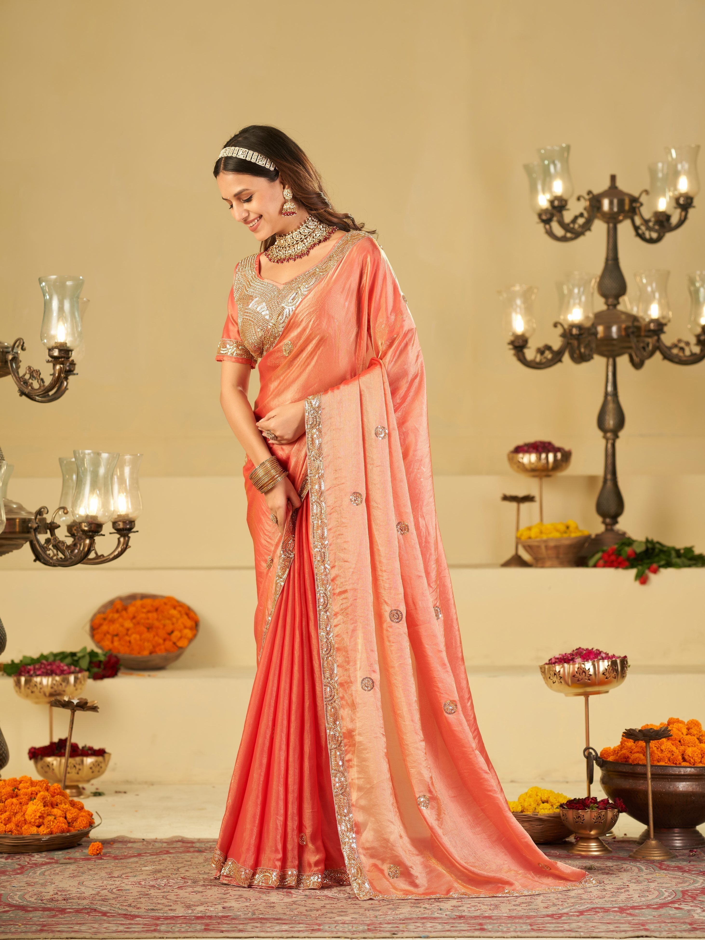 Peach Dual Tone Designer Fendy Satin Saree with Heavy Embroidered Blouse & Sequin Border | Premium Wedding Party Wear Saree