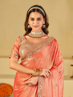 Peach Dual Tone Designer Fendy Satin Saree with Heavy Embroidered Blouse & Sequin Border | Premium Wedding Party Wear Saree