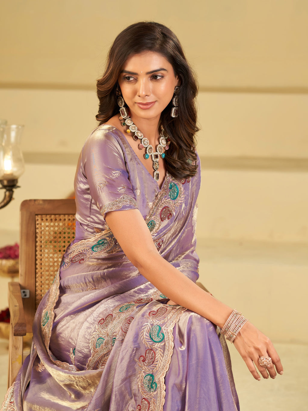Lavender Designer Fendy Satin Saree with Multicolor Paisley Embroidery & Scalloped Embroidered Border | Elegant Festive Party Wear Saree