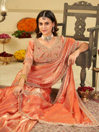 Peach Designer Fendy Satin Saree with Heavy Embroidered Blouse & Stone Work Border | Premium Wedding Party Wear Saree
