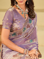 Lavender Designer Fendy Satin Saree with Multicolor Paisley Embroidery & Scalloped Embroidered Border | Elegant Festive Party Wear Saree