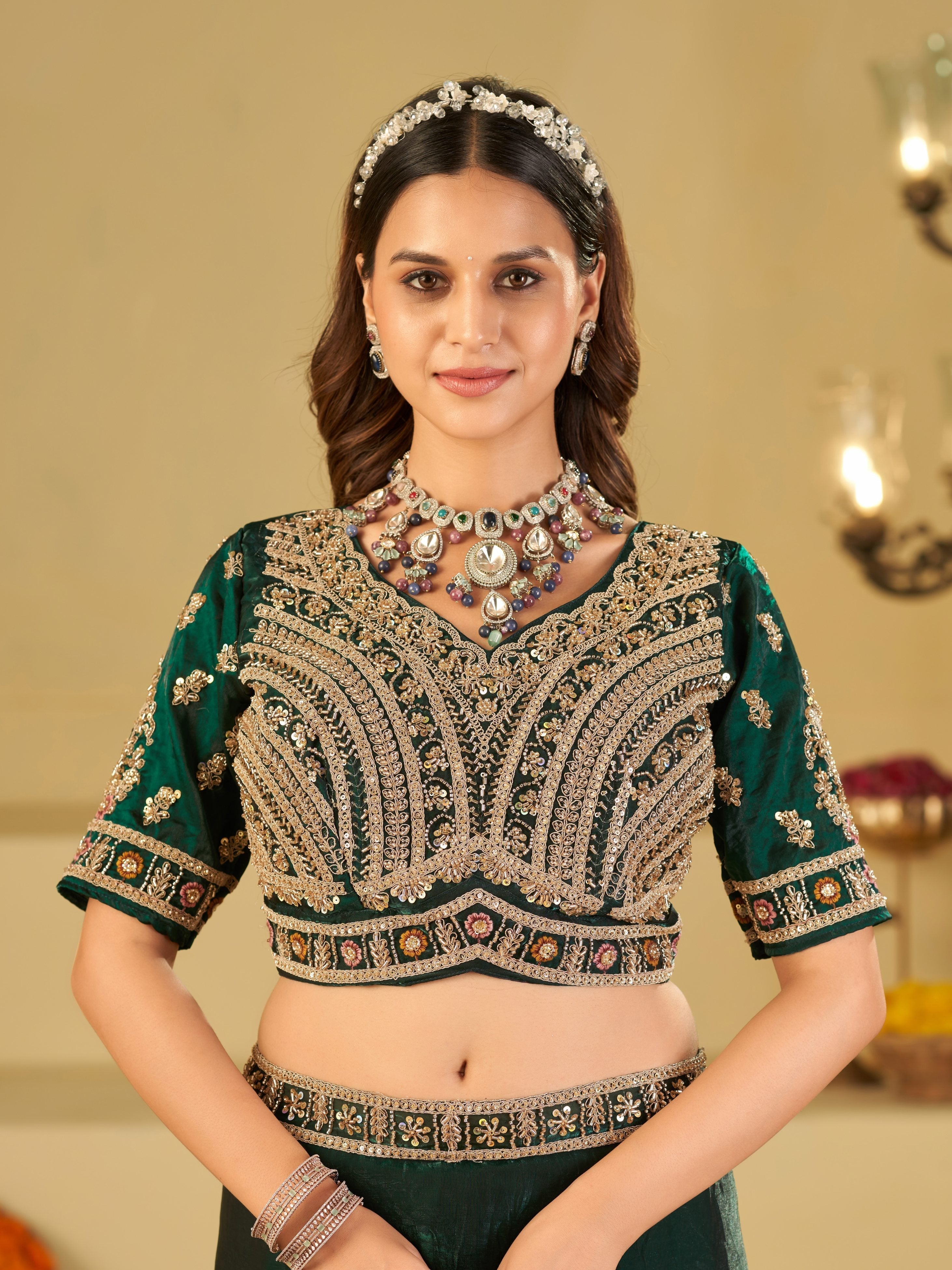 Emerald Green Designer Fendy Satin Saree with Heavy Embroidered Blouse & Sequin Border | Premium Wedding & Festive Wear Saree