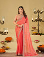 Coral Pink Designer Fendy Satin Saree with Heavy Embroidered Blouse & Sequin Border | Premium Wedding Party Wear Saree