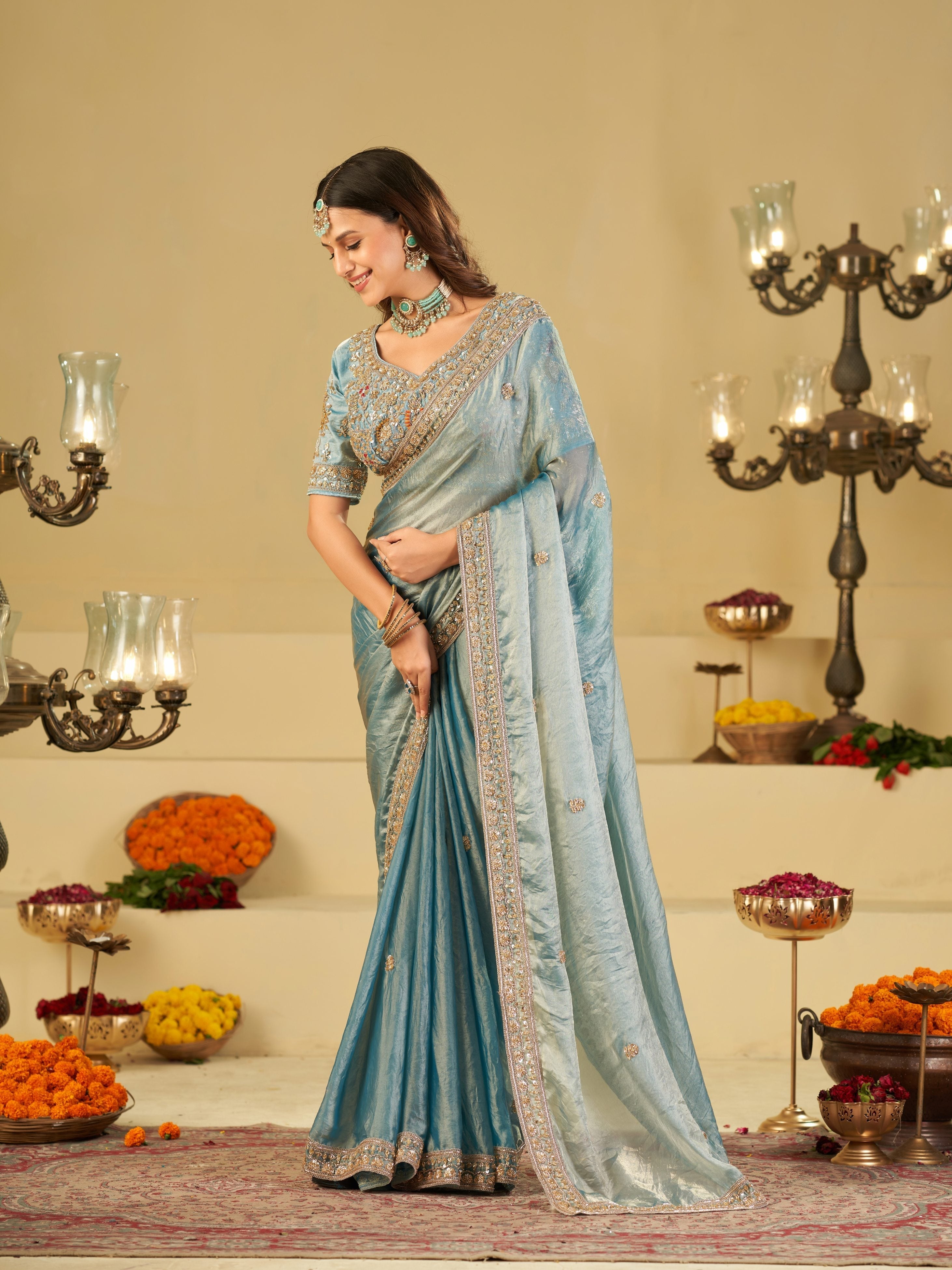 Sky Blue Designer Fendy Satin Saree with Heavy Embroidered Blouse & Stone Work Border | Premium Wedding Party Wear Saree