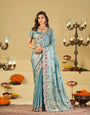 Sky Blue Designer Fendy Satin Saree with Paisley Embroidery & Heavy Embroidered Border | Premium Festive Party Wear Saree