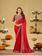 Ruby Red Designer Fendy Satin Saree with Heavy Embroidered Blouse & Zari Border | Premium Wedding & Festive Wear Saree