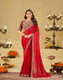 Ruby Red Designer Fendy Satin Saree with Heavy Embroidered Blouse & Zari Border | Premium Wedding & Festive Wear Saree