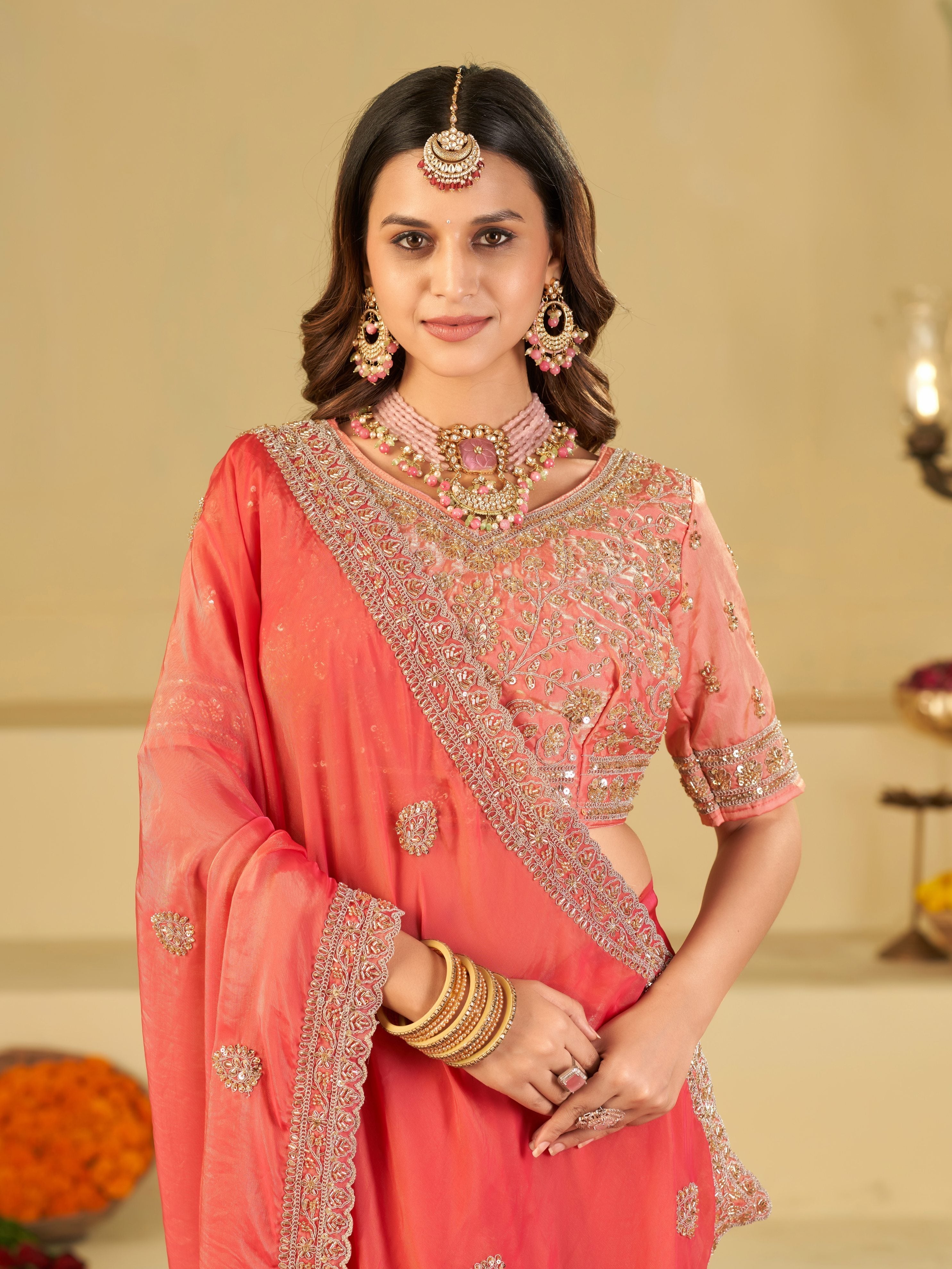 Coral Pink Designer Fendy Satin Saree with Heavy Embroidered Blouse & Sequin Border | Premium Wedding Party Wear Saree