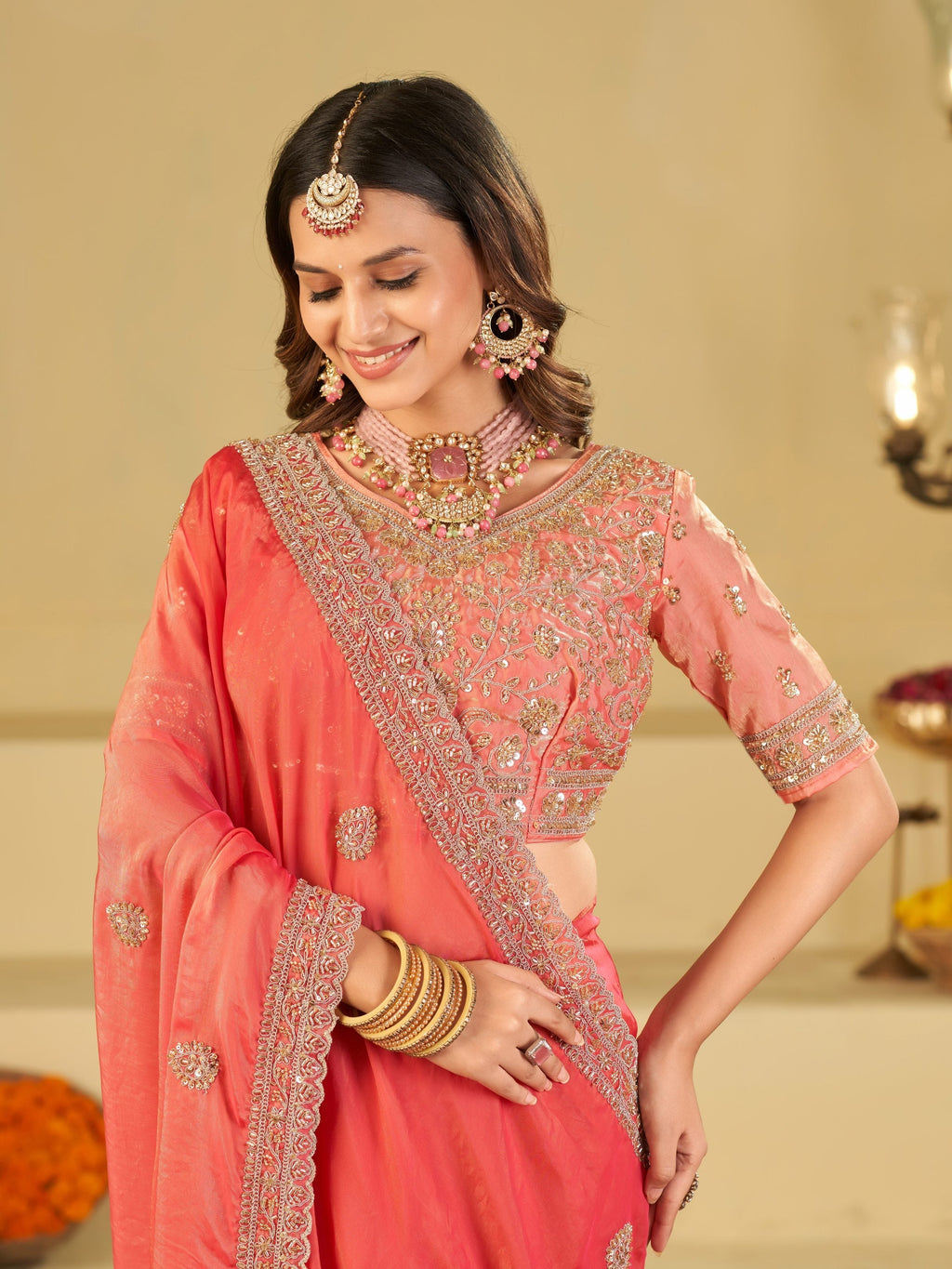 Coral Pink Designer Fendy Satin Saree with Heavy Embroidered Blouse & Sequin Border | Premium Wedding Party Wear Saree