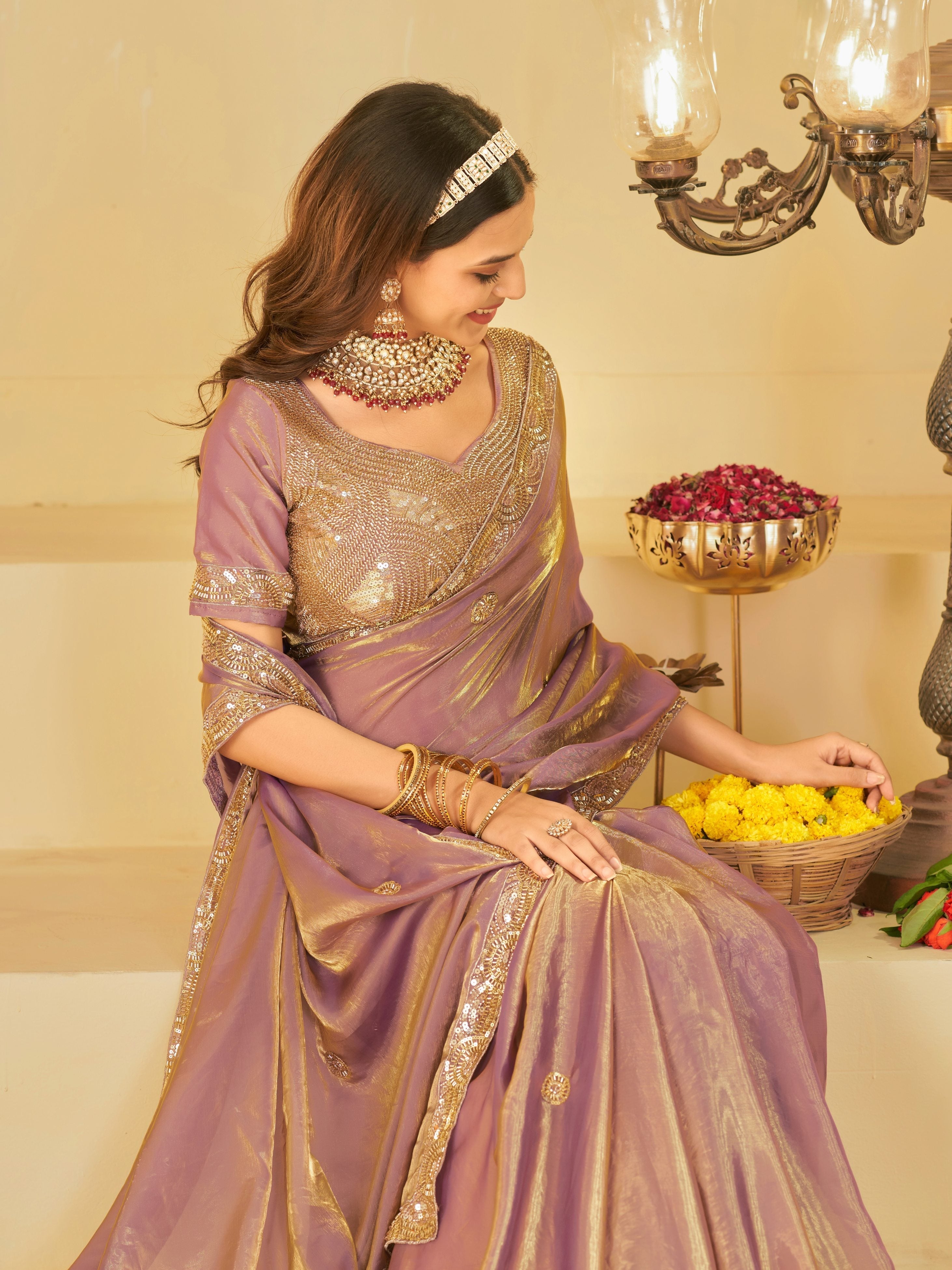 Lavender Dual Tone Designer Fendy Satin Saree with Heavy Embroidered Blouse & Sequin Border | Premium Wedding Party Wear Saree