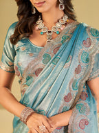 Sky Blue Designer Fendy Satin Saree with Paisley Embroidery & Heavy Embroidered Border | Premium Festive Party Wear Saree