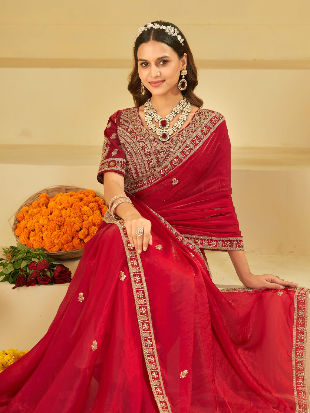 Ruby Red Designer Fendy Satin Saree with Heavy Embroidered Blouse & Zari Border | Premium Wedding & Festive Wear Saree