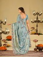 Sky Blue Designer Fendy Satin Saree with Paisley Embroidery & Heavy Embroidered Border | Premium Festive Party Wear Saree