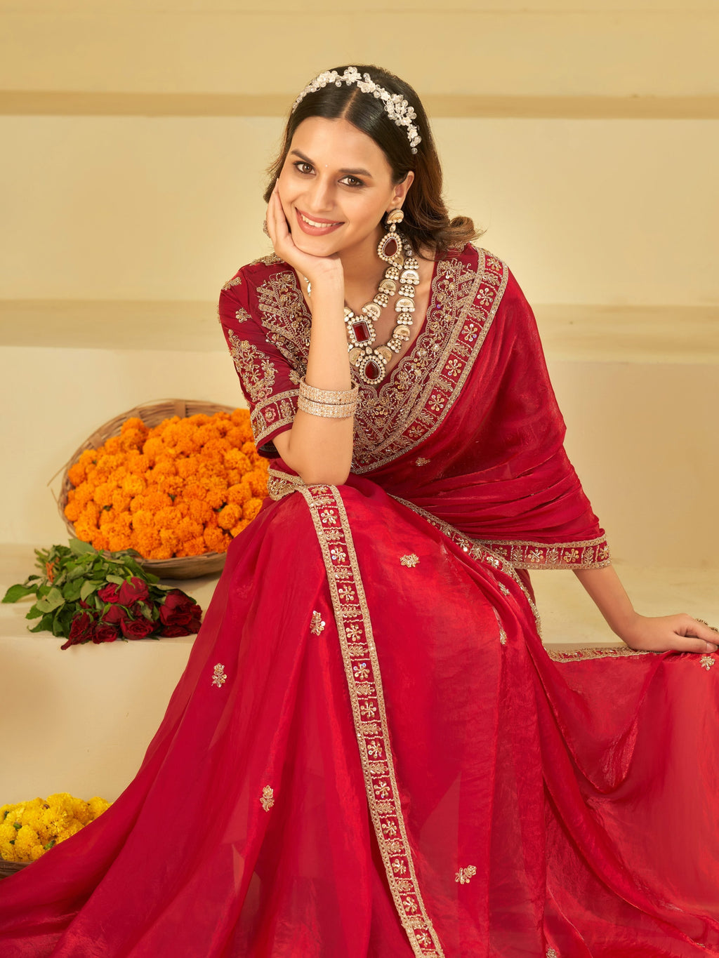Ruby Red Designer Fendy Satin Saree with Heavy Embroidered Blouse & Zari Border | Premium Wedding & Festive Wear Saree