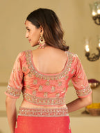 Coral Pink Designer Fendy Satin Saree with Heavy Embroidered Blouse & Sequin Border | Premium Wedding Party Wear Saree
