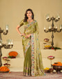 Olive Green Designer Fendy Satin Saree with Multicolor Paisley Embroidery & Scalloped Embroidered Border | Elegant Festive Party Wear Saree