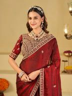 Wine Red Designer Fendy Satin Saree with Heavy Embroidered Blouse & Zari Border | Premium Wedding & Festive Wear Saree