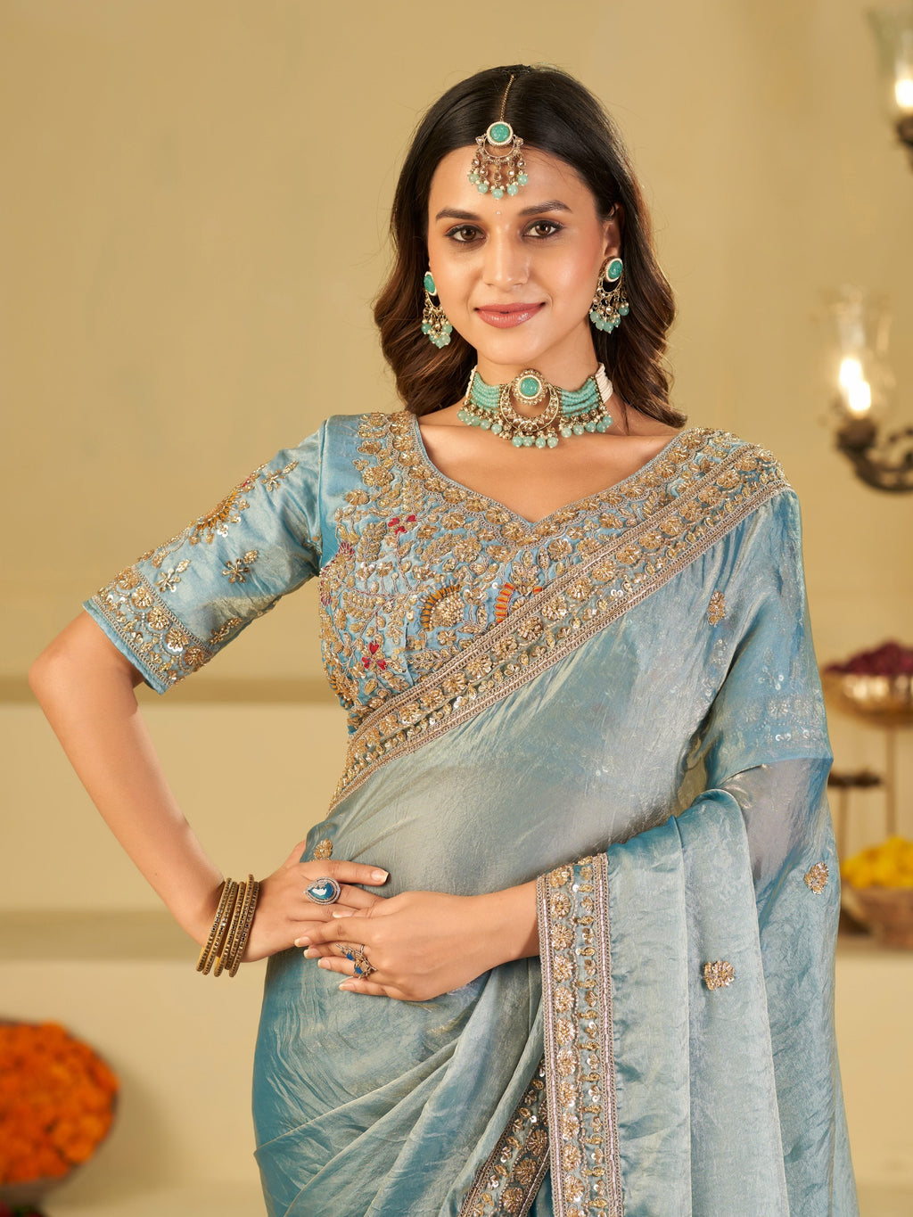 Sky Blue Designer Fendy Satin Saree with Heavy Embroidered Blouse & Stone Work Border | Premium Wedding Party Wear Saree
