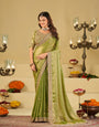 Pista Green Designer Fendy Satin Saree with Heavy Embroidered Blouse & Zari Border | Premium Wedding Party Wear Saree