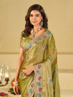 Olive Green Designer Fendy Satin Saree with Multicolor Paisley Embroidery & Scalloped Embroidered Border | Elegant Festive Party Wear Saree