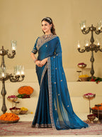 Royal Blue Designer Fendy Satin Saree with Heavy Embroidered Blouse & Zari Border | Premium Wedding & Festive Wear Saree