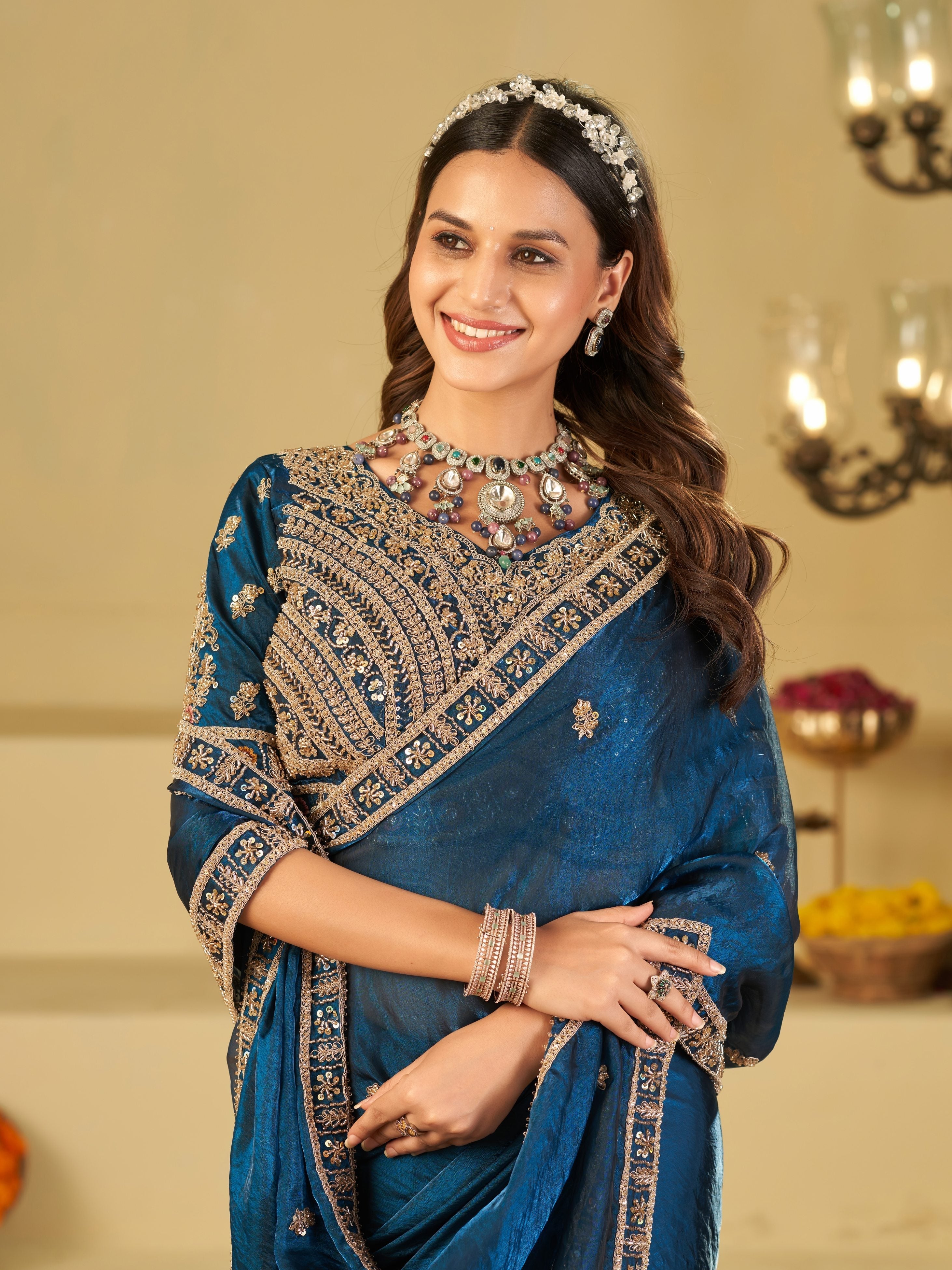Royal Blue Designer Fendy Satin Saree with Heavy Embroidered Blouse & Zari Border | Premium Wedding & Festive Wear Saree