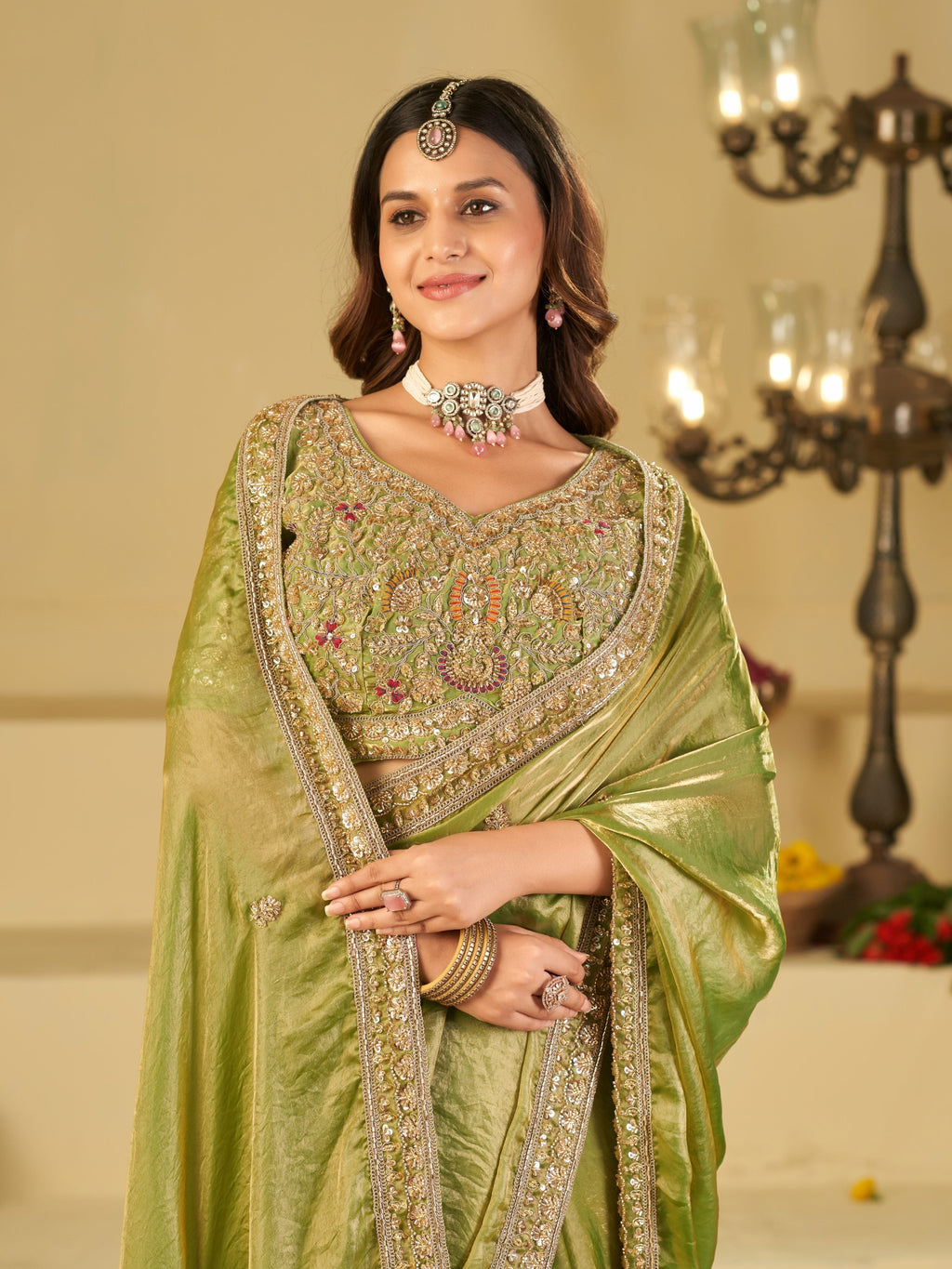 Pista Green Designer Fendy Satin Saree with Heavy Embroidered Blouse & Zari Border | Premium Wedding Party Wear Saree