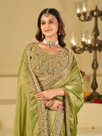 Pista Green Designer Fendy Satin Saree with Heavy Embroidered Blouse & Zari Border | Premium Wedding Party Wear Saree