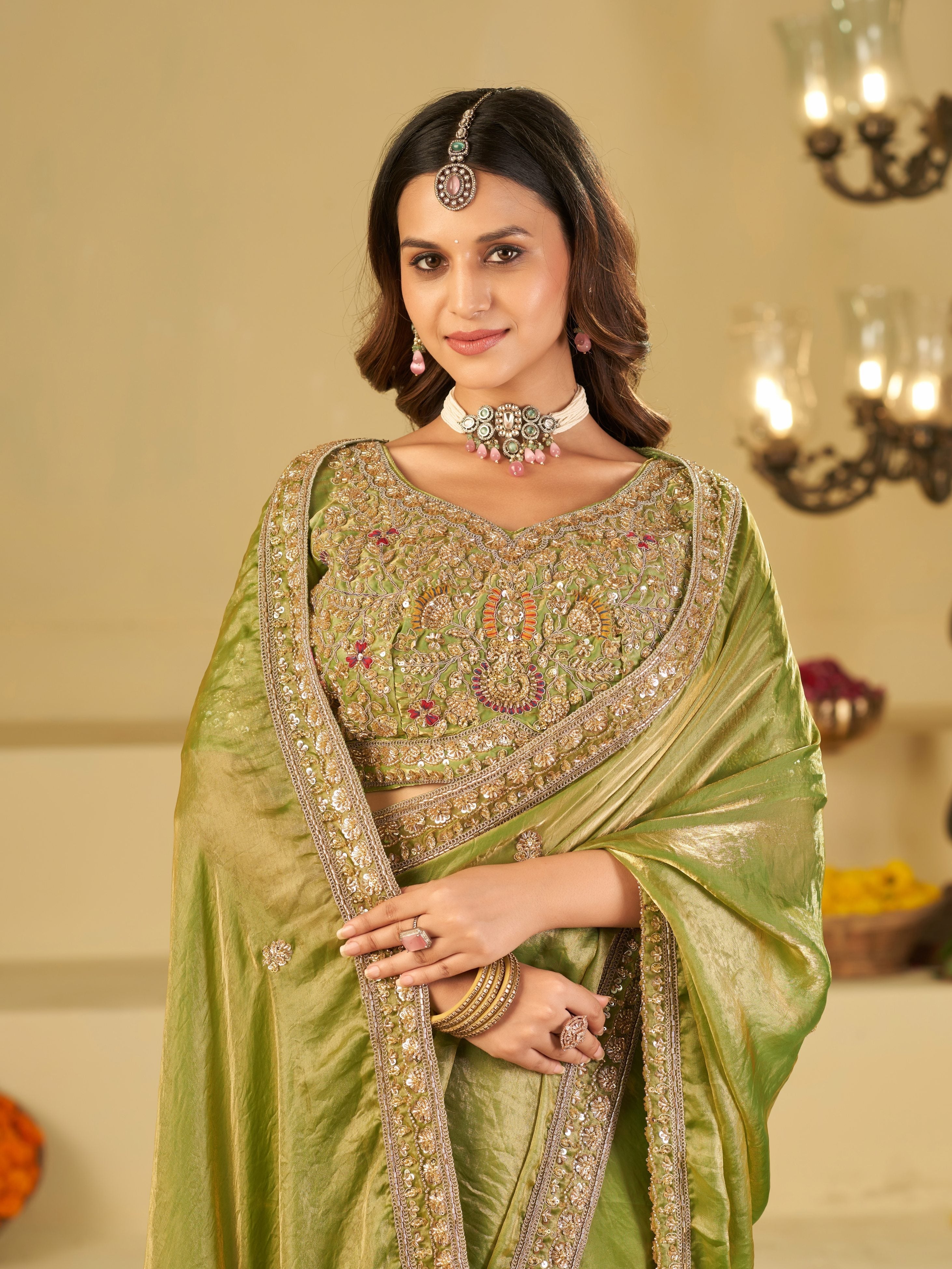 Pista Green Designer Fendy Satin Saree with Heavy Embroidered Blouse & Zari Border | Premium Wedding Party Wear Saree
