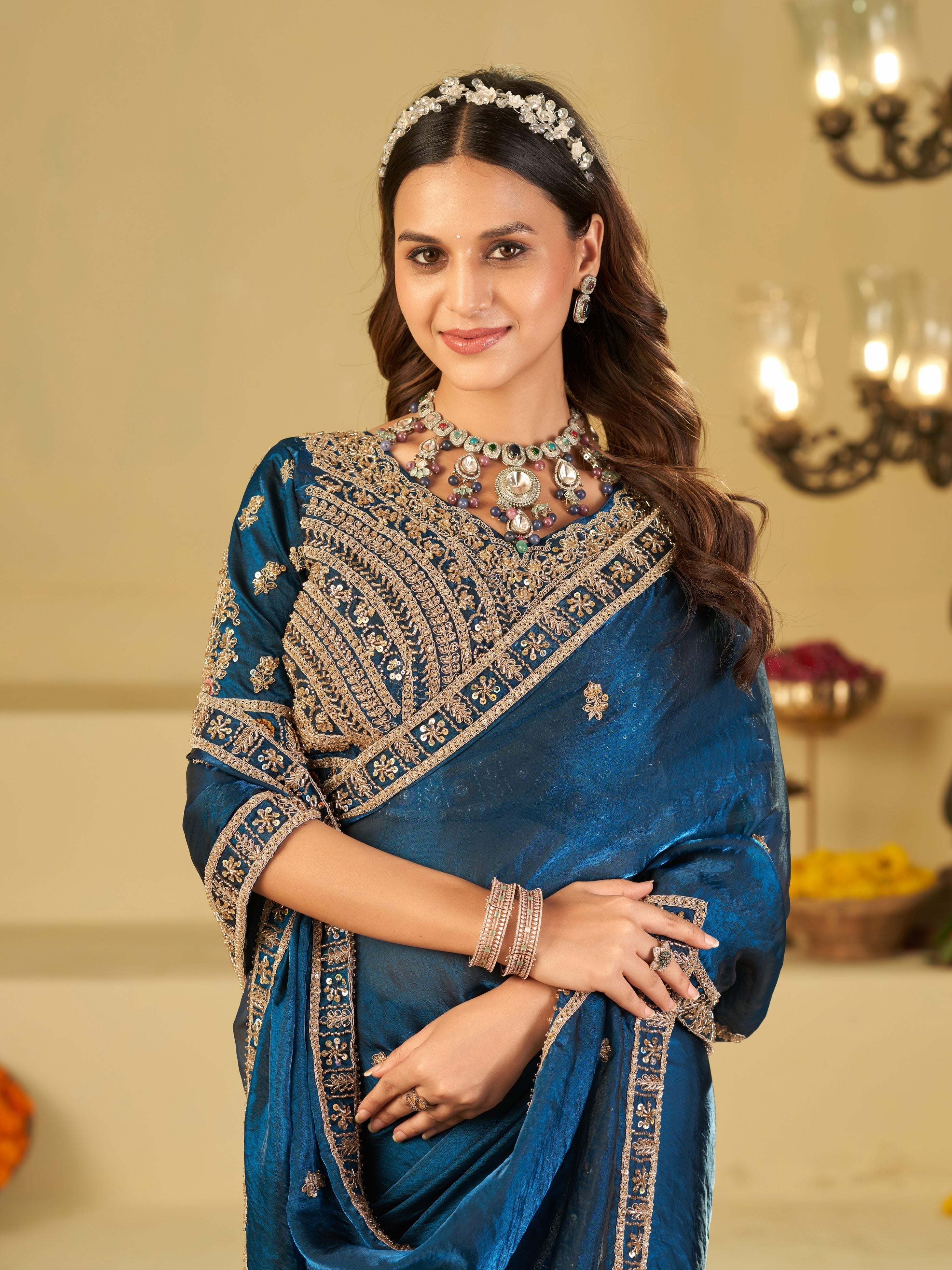 Royal Blue Designer Fendy Satin Saree with Heavy Embroidered Blouse & Zari Border | Premium Wedding & Festive Wear Saree