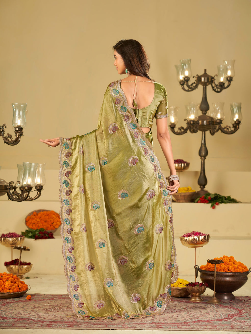 Olive Green Designer Fendy Satin Saree with Multicolor Paisley Embroidery & Scalloped Embroidered Border | Elegant Festive Party Wear Saree