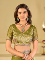 Olive Green Designer Fendy Satin Saree with Multicolor Paisley Embroidery & Scalloped Embroidered Border | Elegant Festive Party Wear Saree