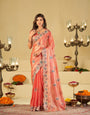 Peach Pink Designer Fendy Satin Saree with Multicolor Paisley Embroidery & Scalloped Embroidered Border | Premium Festive Party Wear Saree