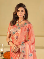 Peach Pink Designer Fendy Satin Saree with Multicolor Paisley Embroidery & Scalloped Embroidered Border | Premium Festive Party Wear Saree