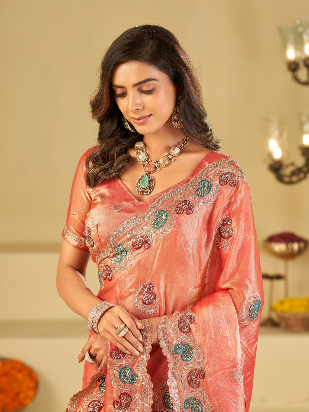 Peach Pink Designer Fendy Satin Saree with Multicolor Paisley Embroidery & Scalloped Embroidered Border | Premium Festive Party Wear Saree
