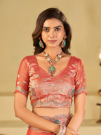 Peach Pink Designer Fendy Satin Saree with Multicolor Paisley Embroidery & Scalloped Embroidered Border | Premium Festive Party Wear Saree
