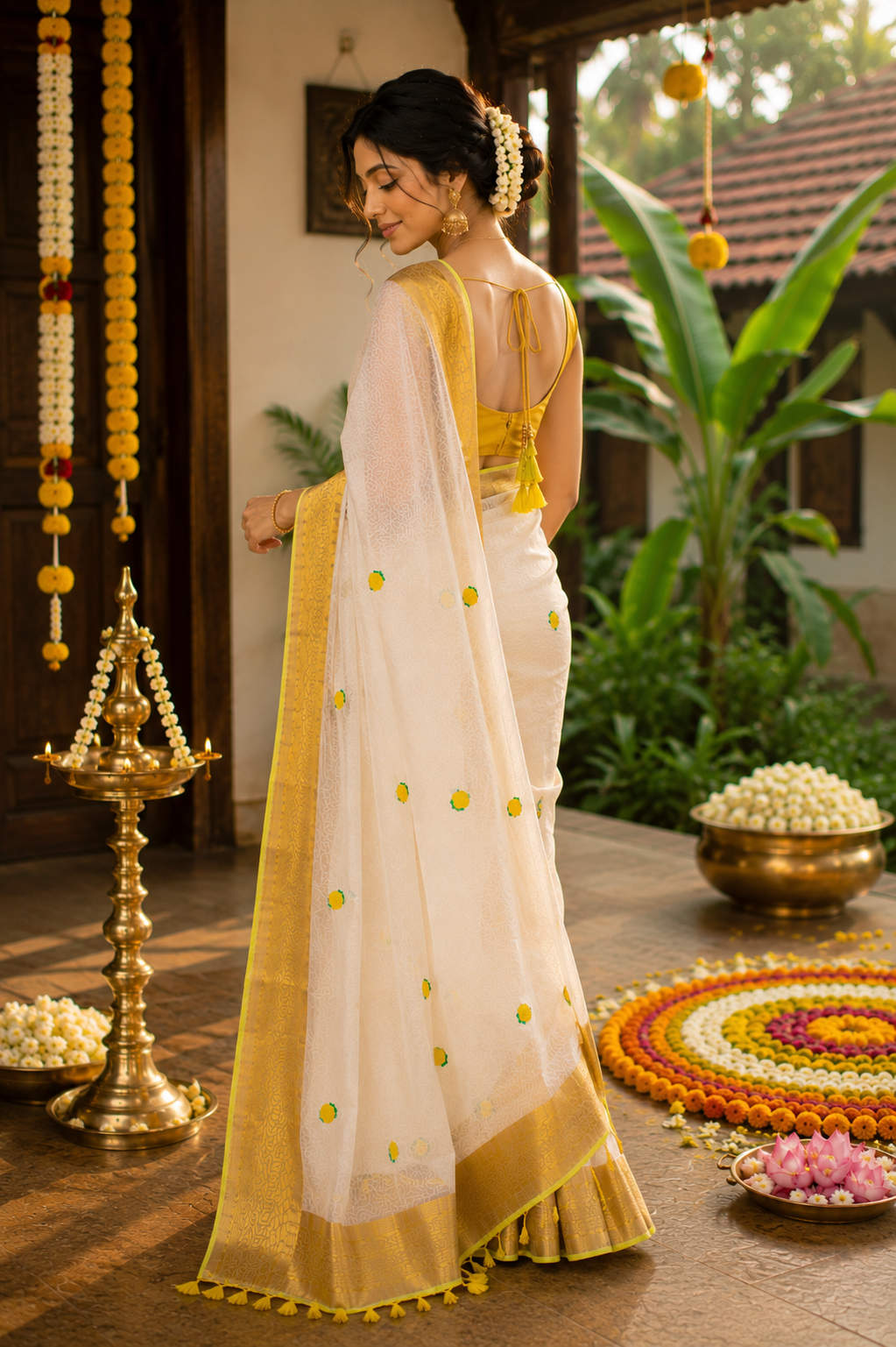 Onam Special White Mul Cotton Saree with Golden Zari Border & Tassels | Traditional Kerala Kasavu Style Saree with Running Blouse