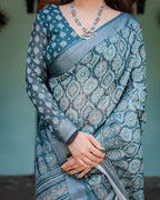 Teal Blue Pure Cotton Linen Saree with Geometric Block Print, Blouse, and Tassel Detailing