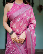 Magenta Pure Cotton Linen Saree with White Floral Block Print, Blouse, and Tassel Detailing
