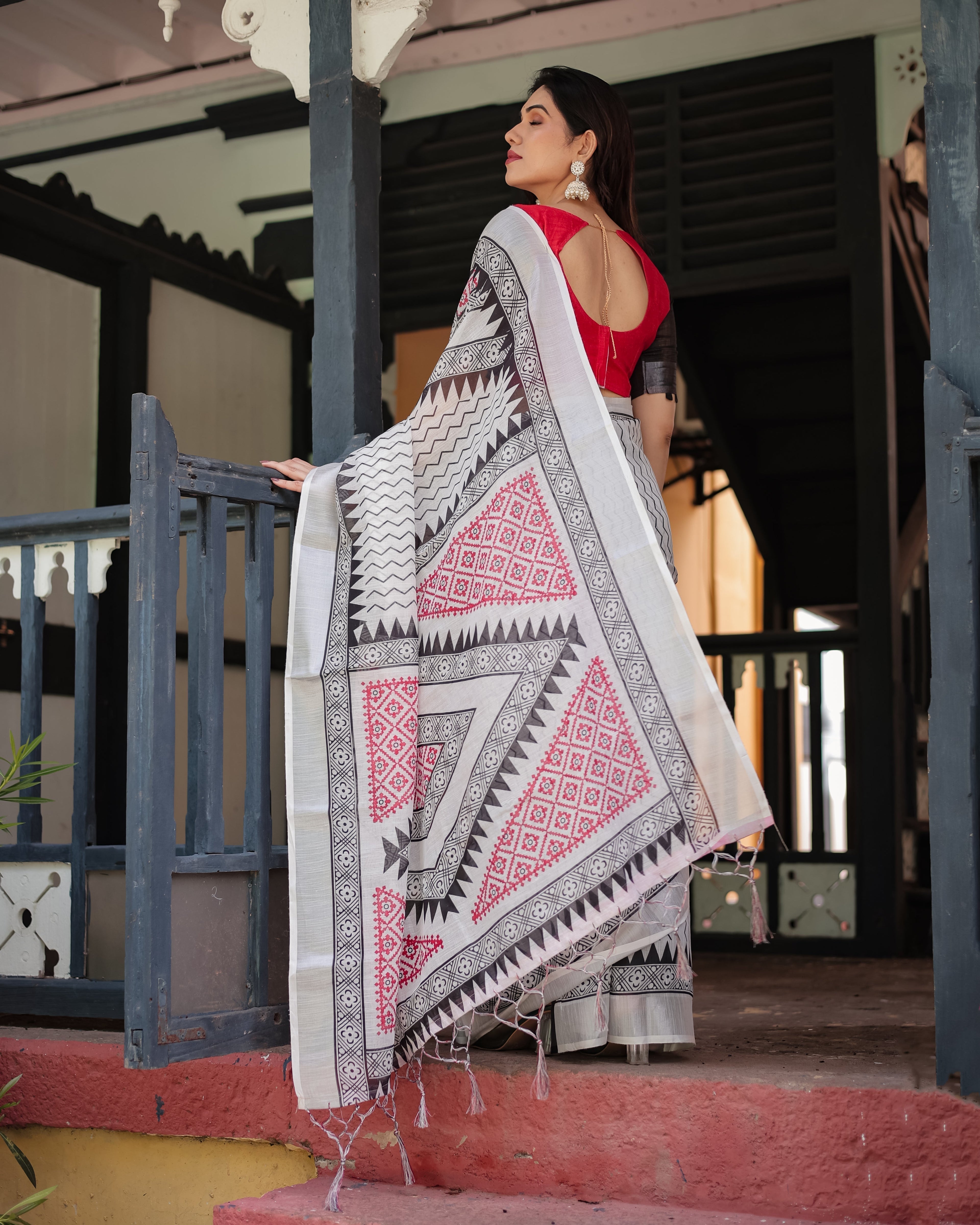 Black and White Geometric Pattern Pure Cotton Linen Saree with Red Accents, Blouse, and Tassel Details