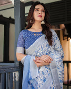 Blue and White Floral Pure Cotton Linen Saree with Blouse and Tassels
