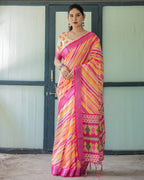 Vibrant Yellow and Pink Ikat Printed Cotton Linen Saree with Blouse and Tassels