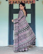 Black Pure Cotton Linen Saree with Pink Striped Pallu and Tassel Accents