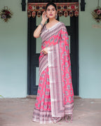 Pink and Beige Floral Printed Pure Cotton Linen Saree with Striped Blouse and Tassels on Edges
