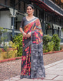 Multicolor Floral Design Pure Cotton Linen Saree with Blouse and Tassels