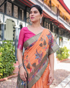 Orange and Olive Green Kalamkari Design Pure Cotton Linen Saree with Blouse and Tassels