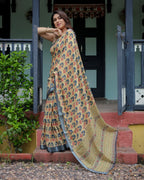 Beige and Charcoal Pure Cotton Linen Saree with Floral Print, Blouse, and Tassel Detailing