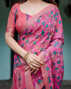 Magenta and Pink Pure Cotton Linen Saree with Floral and Paisley Block Print, Blouse, and Tassel Detailing